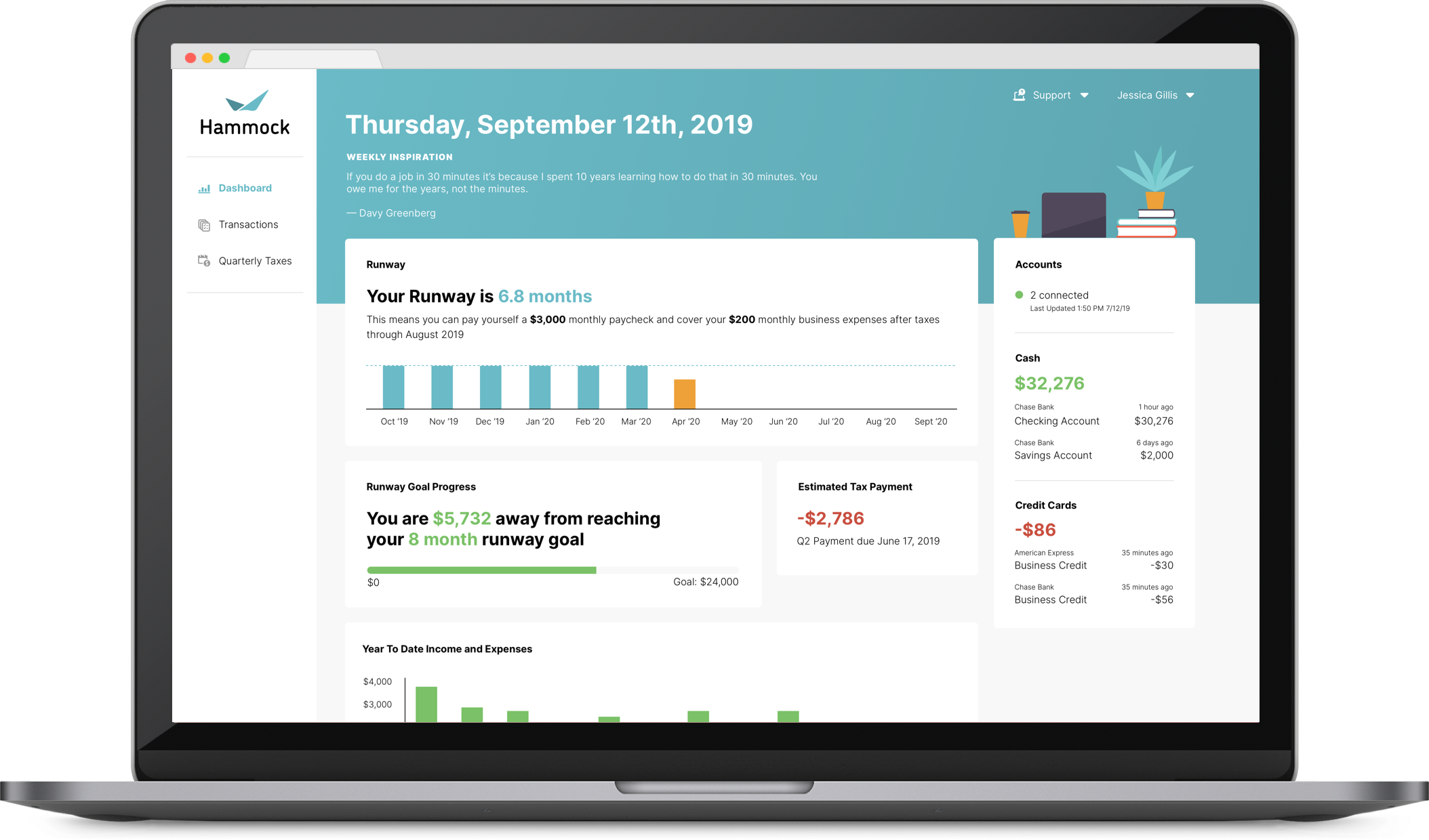 Using your income and expenses, Hammock will give you an always up-to-date view into your freelance finances.